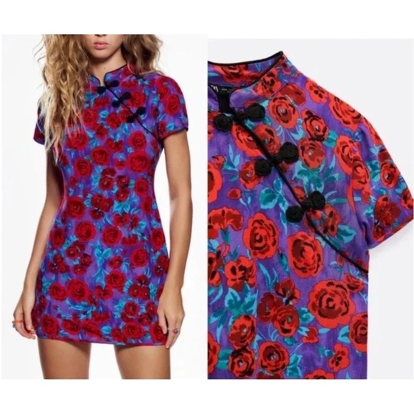 Zara • Roses Dress with Frog Buttons Japanese Floral Print - Picture 3 of 8